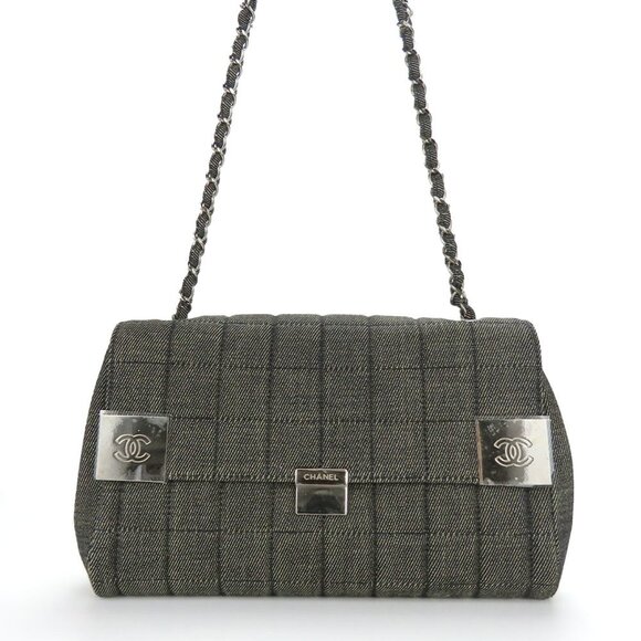 CHANEL Shoulder Bag Chocolate Bar A17567 Denim Navy Coco Mark 7th Series Chain ⭐ - Picture 1 of 11